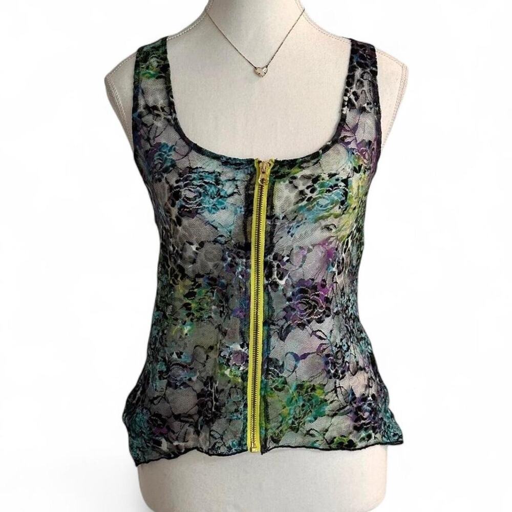 Wet Seal sheer floral zip up tank top with green, purple black flowers Size S